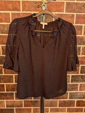 REBECCA TAYLOR Black Silk Blend Clip Dot Ruffle Blouse XS